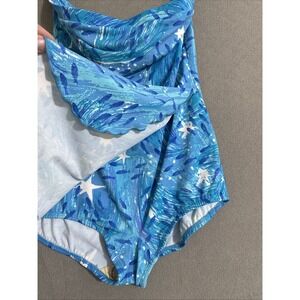 Vtg Womens One Piece Swimdress Sz 14 Blue Abstract Sea Swimsuit Pin-up Fish Mod*